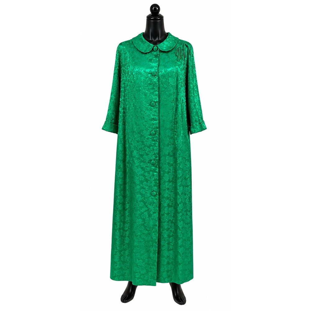 Antique Womens Handcrafted Oriental Kimono Robe Size S/M Green Floral Brocade‎